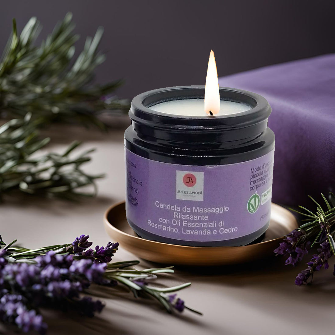 Candela da massaggio "Rilassante" con oli essenziali di Rosmarino, Lavanda e Cedro