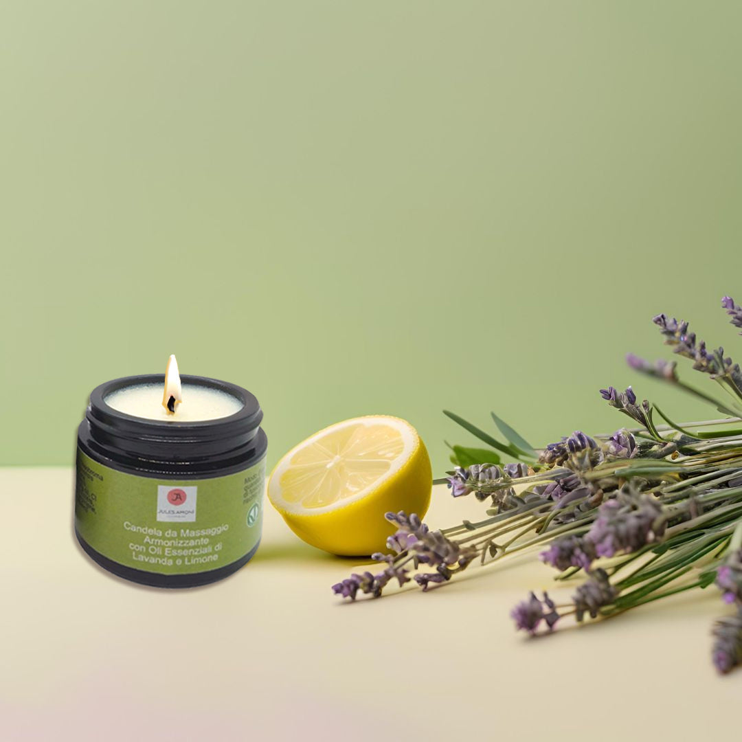 Candela da massaggio "Armonizzante" con oli essenziali di Lavanda e Limone