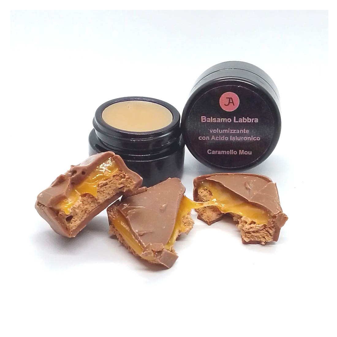 Balsamo Labbra in vasetto vetro nero con caramello