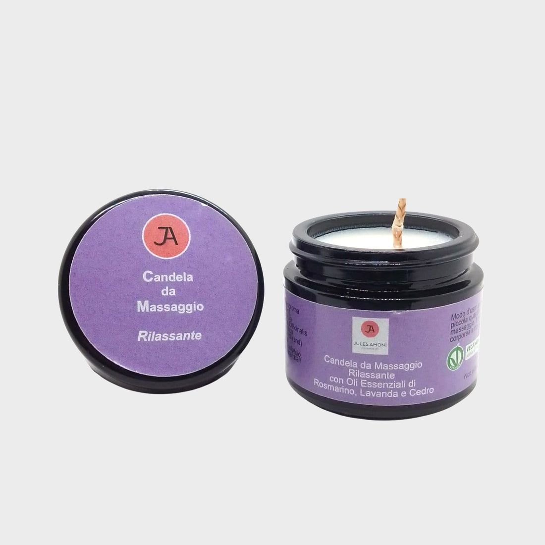 Candela da massaggio "Rilassante" con oli essenziali di Rosmarino, Lavanda e Cedro